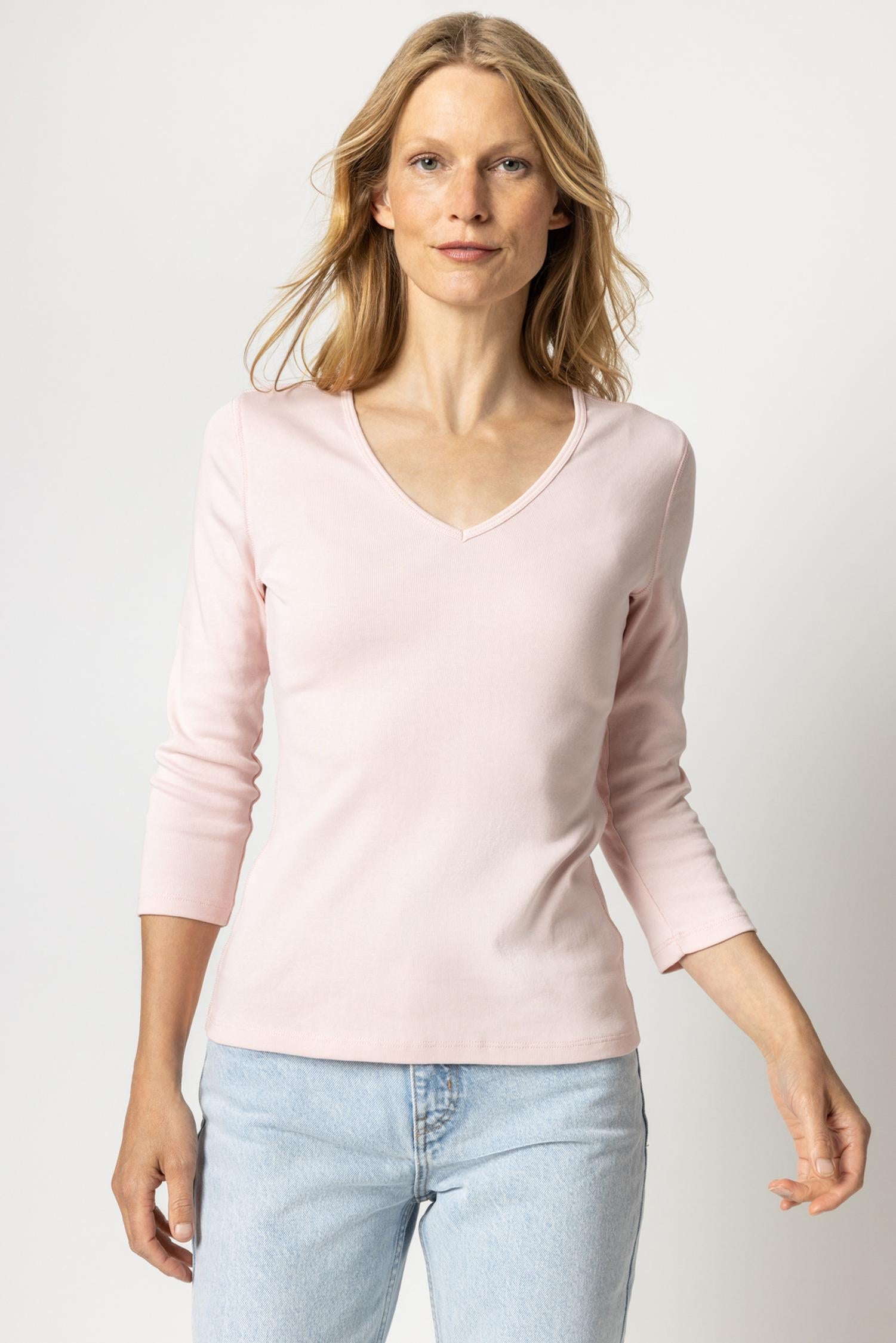 3/4 Sleeve V-Neck in color Camellia Image A1