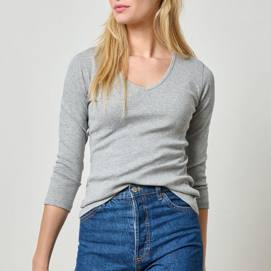 3/4 Sleeve V-Neck in color Heather Grey Image A1