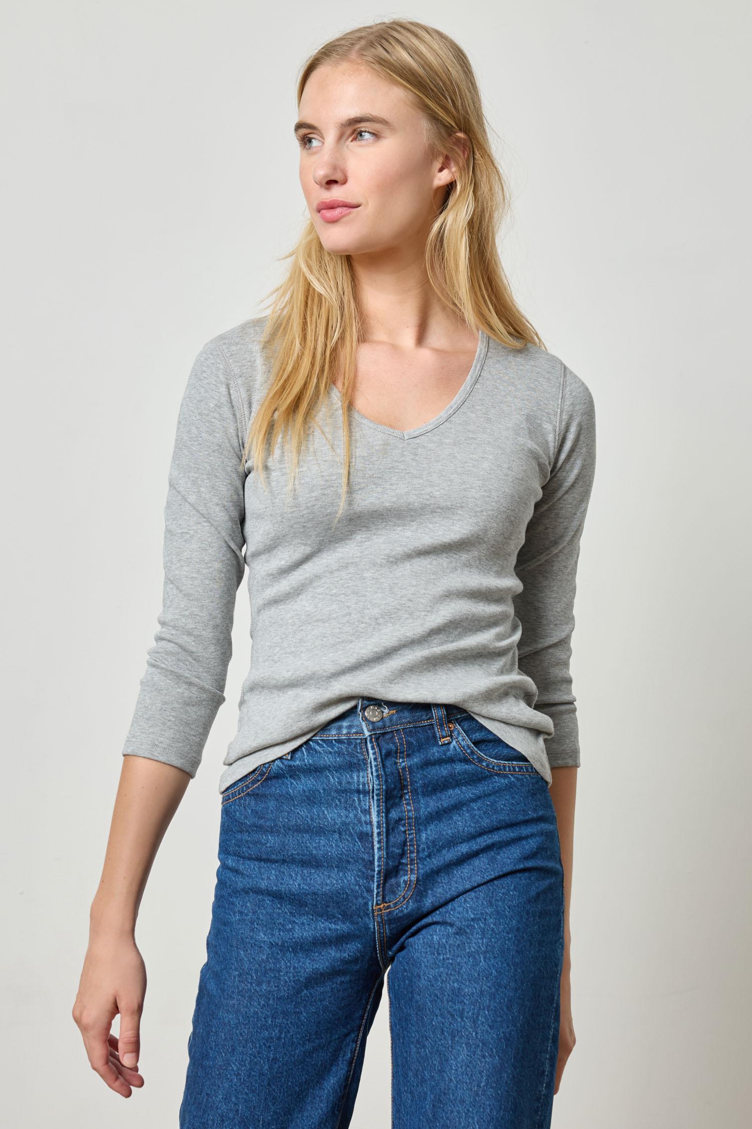 3/4 Sleeve V-Neck in color Heather Grey Image A1