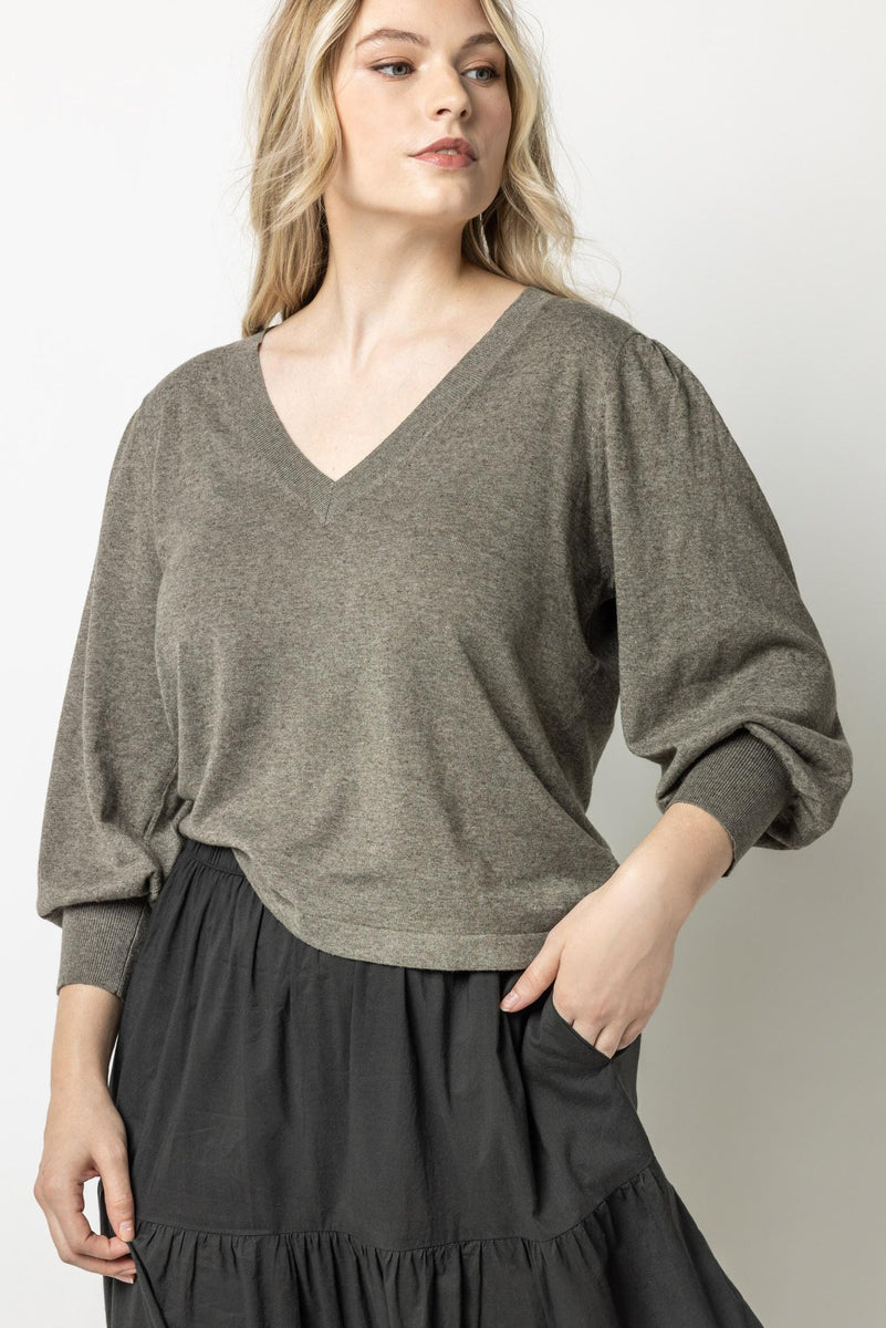 3/4 Puff Sleeve V-Neck Sweater