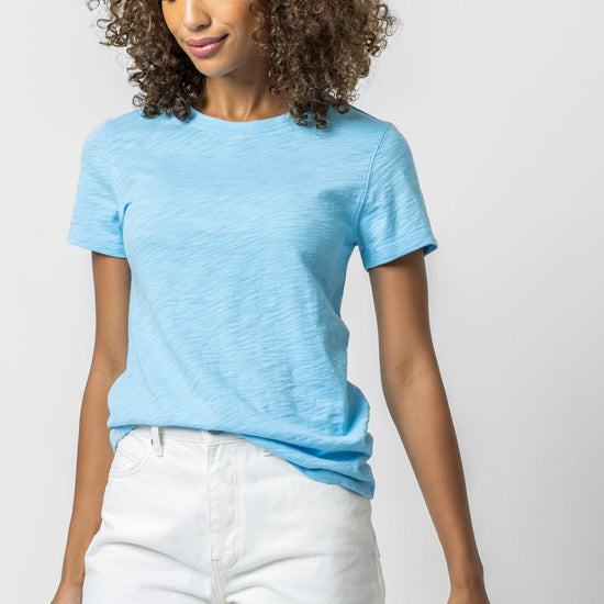 Short Sleeve Back Seam Crewneck in color Aruba Image A1