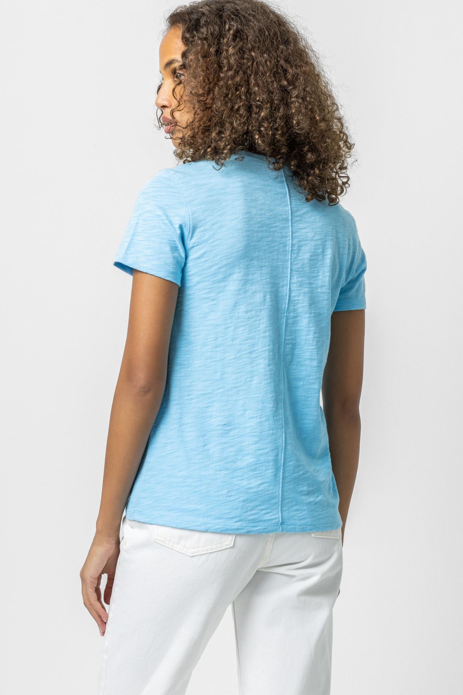 Short Sleeve Back Seam Crewneck in color Aruba Image A2