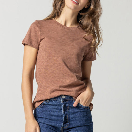 Short Sleeve Back Seam Crewneck in color Clove Image A2