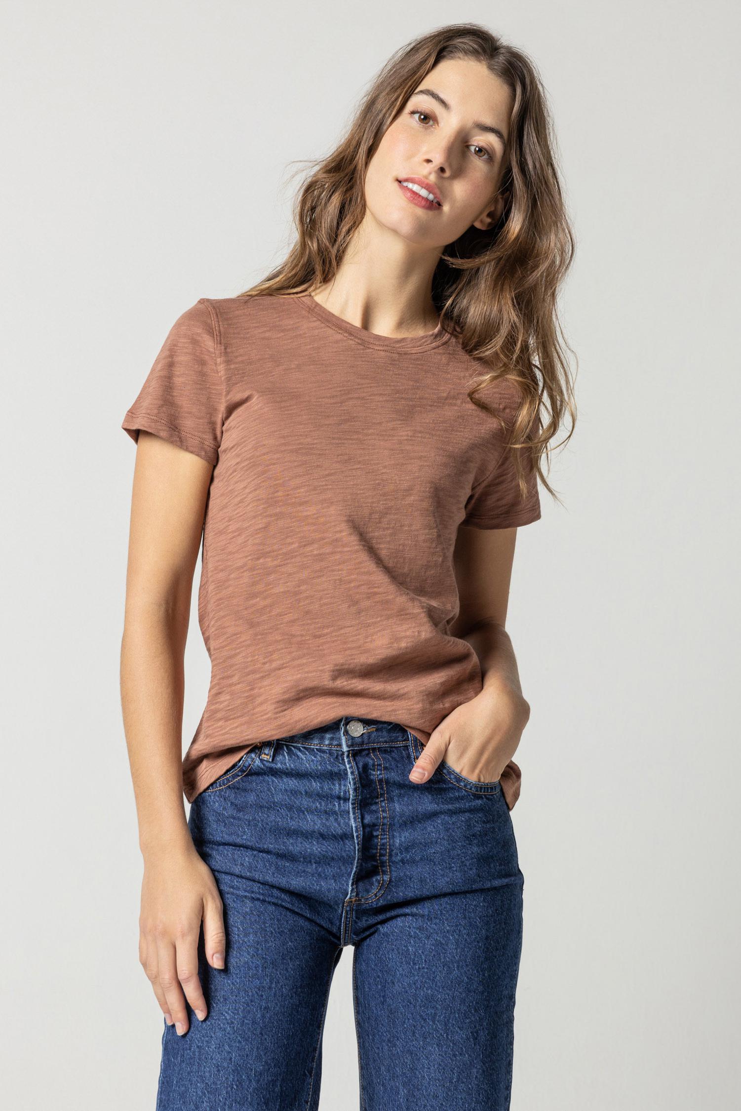 Short Sleeve Back Seam Crewneck in color Clove Image A2