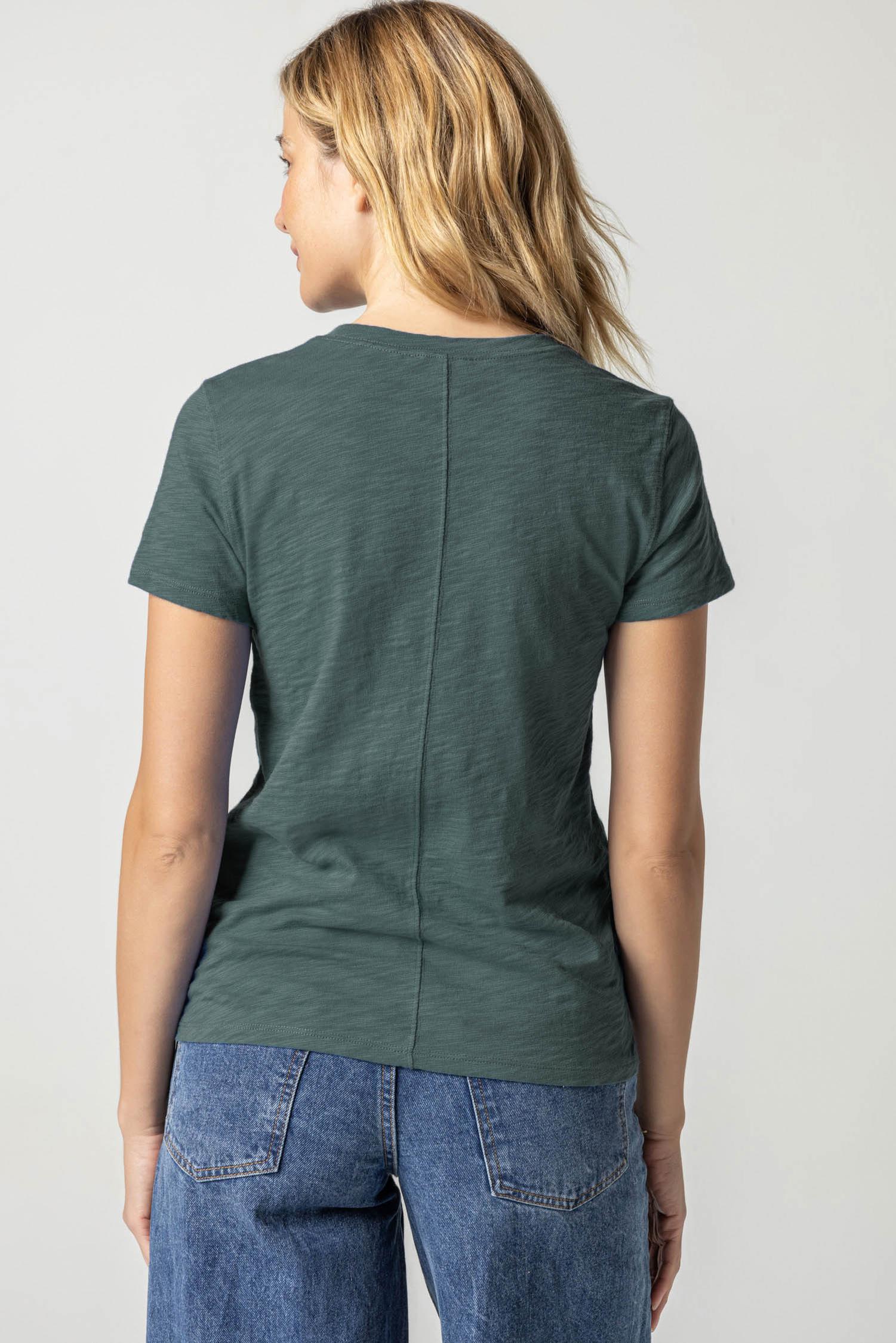 Short Sleeve Back Seam Crewneck in color Evergreen Image A2