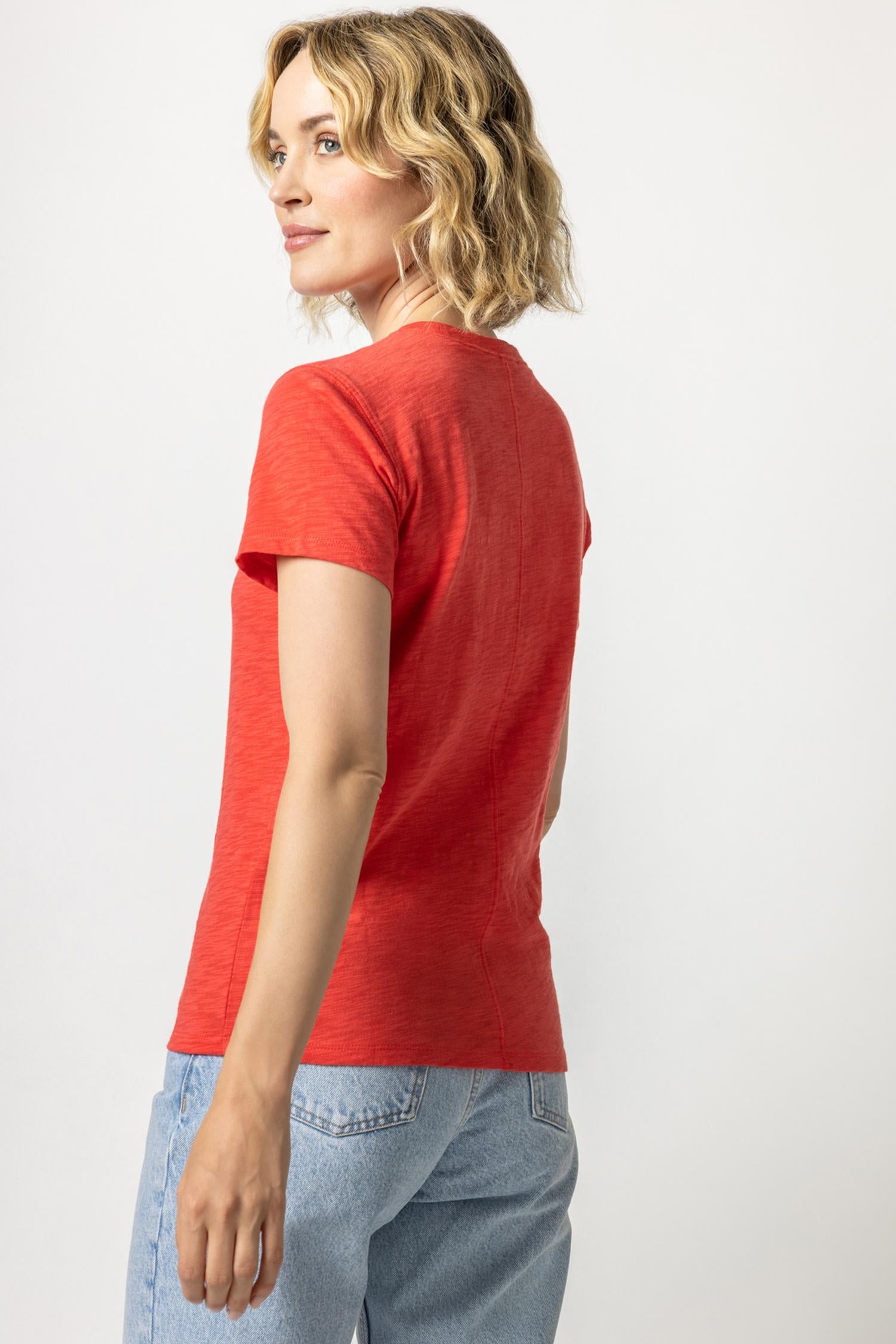 Short Sleeve Back Seam Crewneck in color Fiesta Image A2