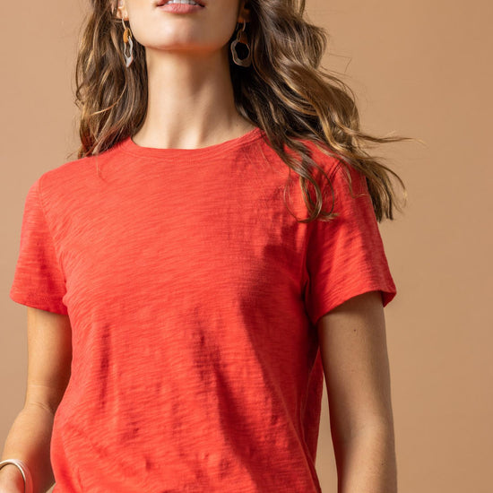 Short Sleeve Back Seam Crewneck in color Fiesta Image C1