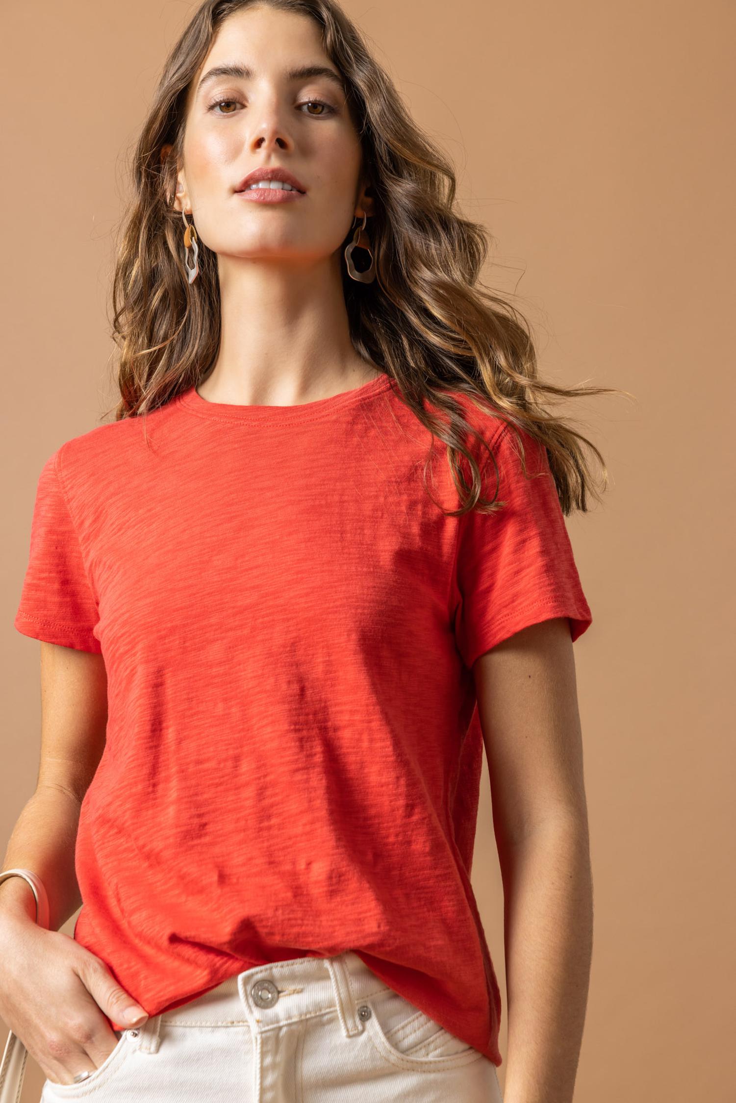 Short Sleeve Back Seam Crewneck in color Fiesta Image C1