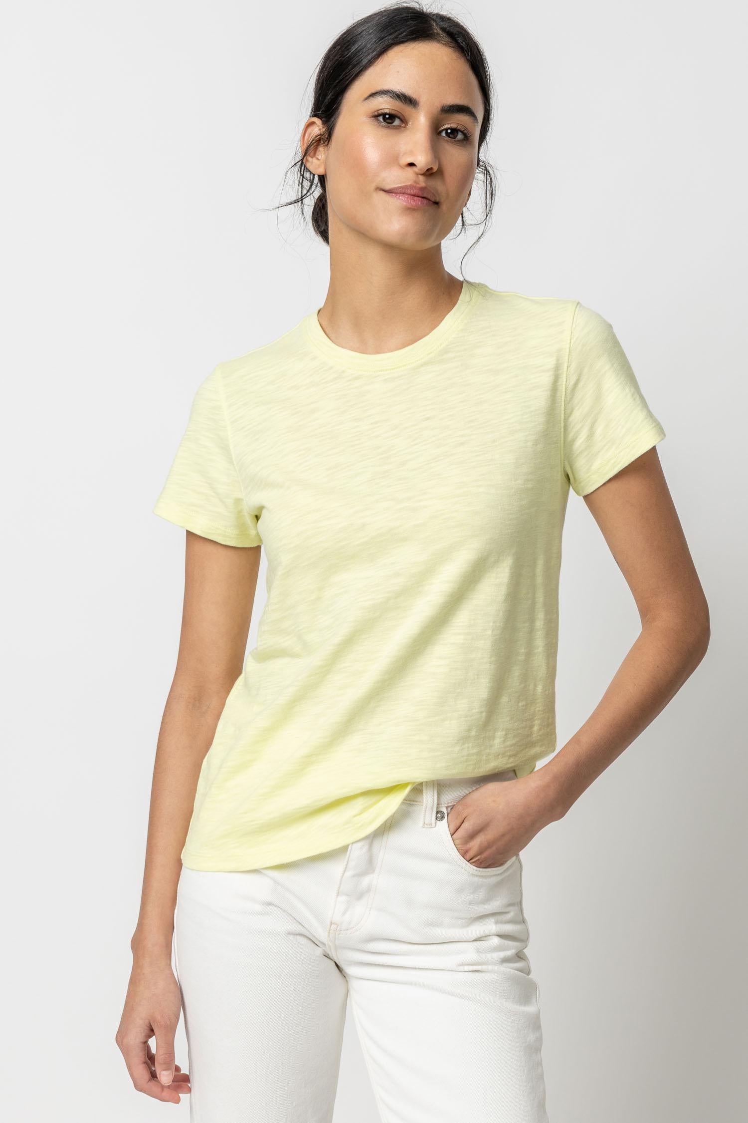 Short Sleeve Back Seam Crewneck in color Limelight Image A1