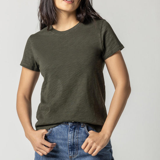 Short Sleeve Back Seam Crewneck in color Loden Image A2