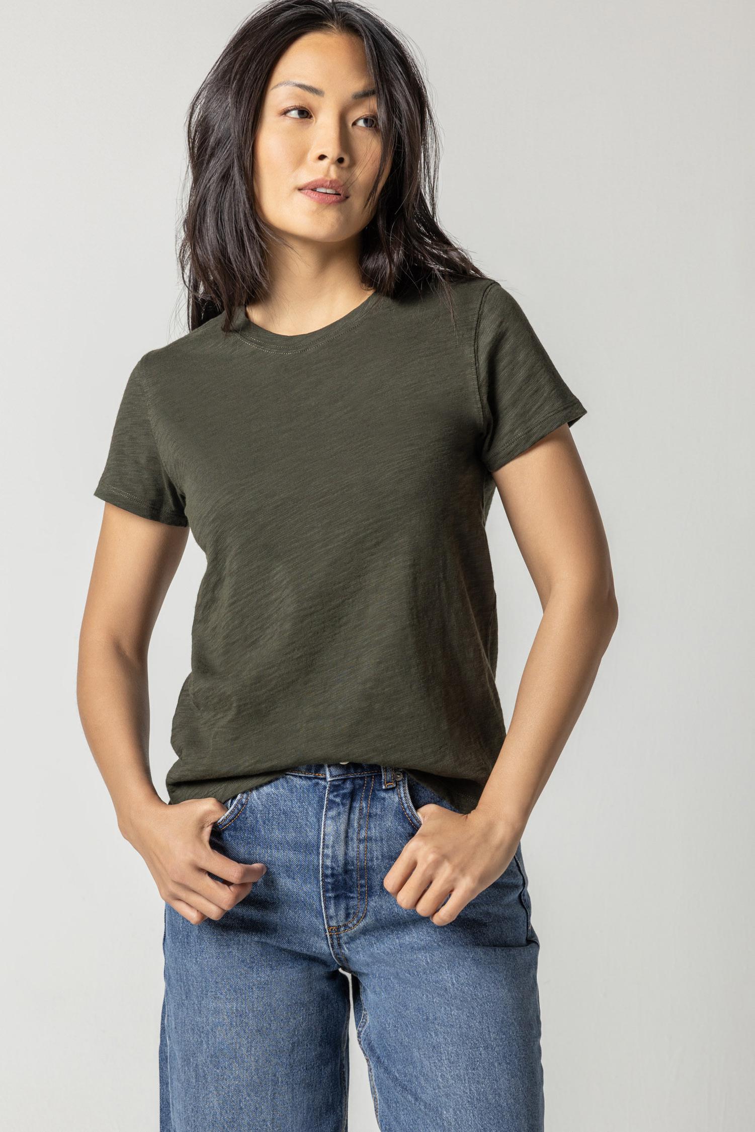 Short Sleeve Back Seam Crewneck in color Loden Image A2