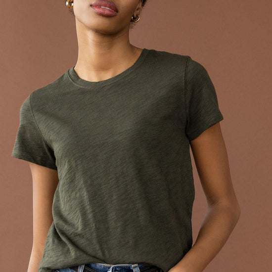 Short Sleeve Back Seam Crewneck in color Loden Image C1