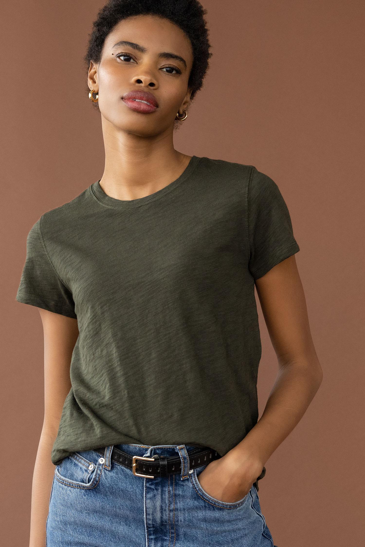 Short Sleeve Back Seam Crewneck in color Loden Image C1