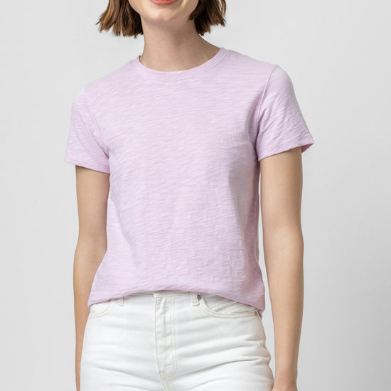Short Sleeve Back Seam Crewneck in color Orchid Image A1
