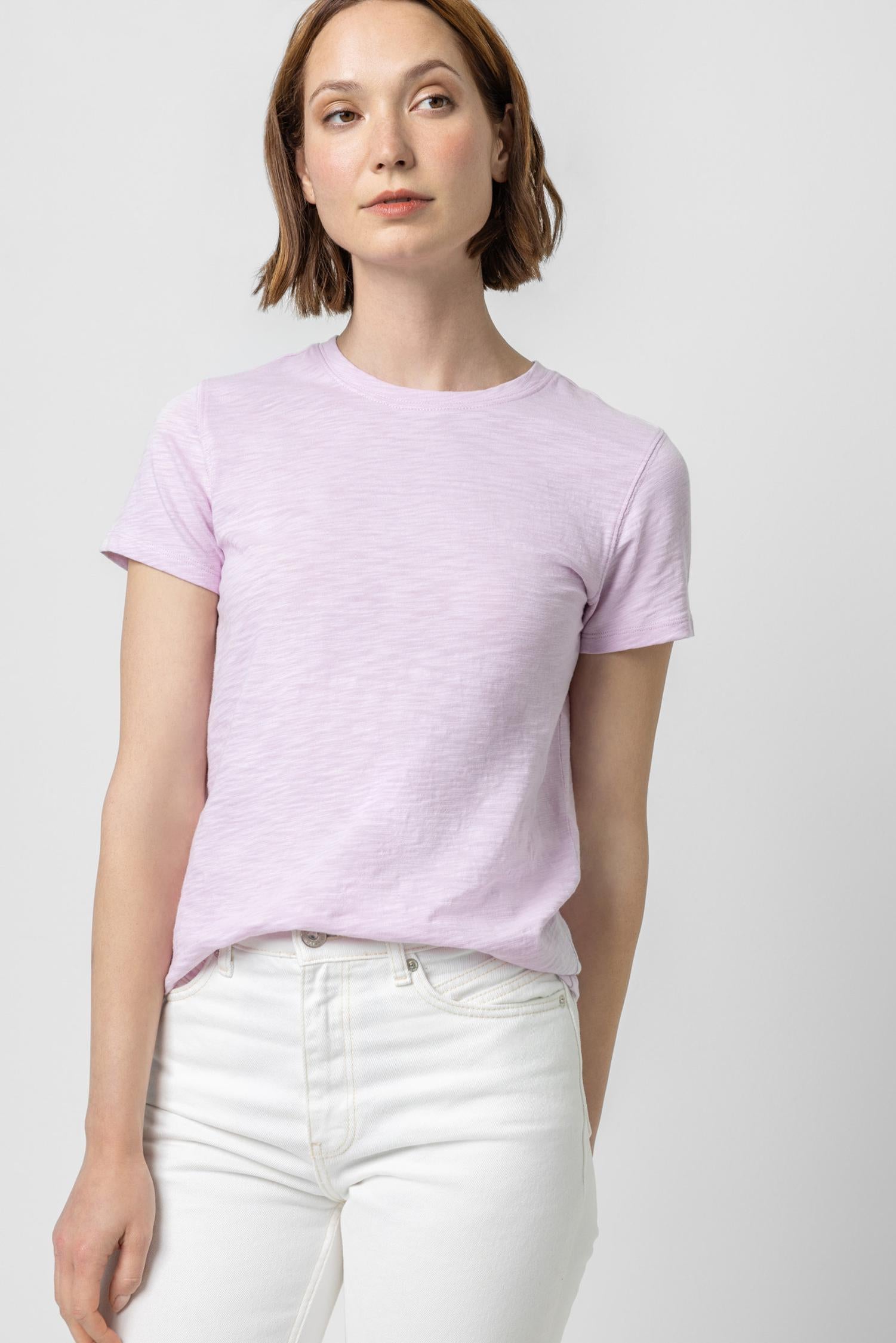 Short Sleeve Back Seam Crewneck in color Orchid Image A2