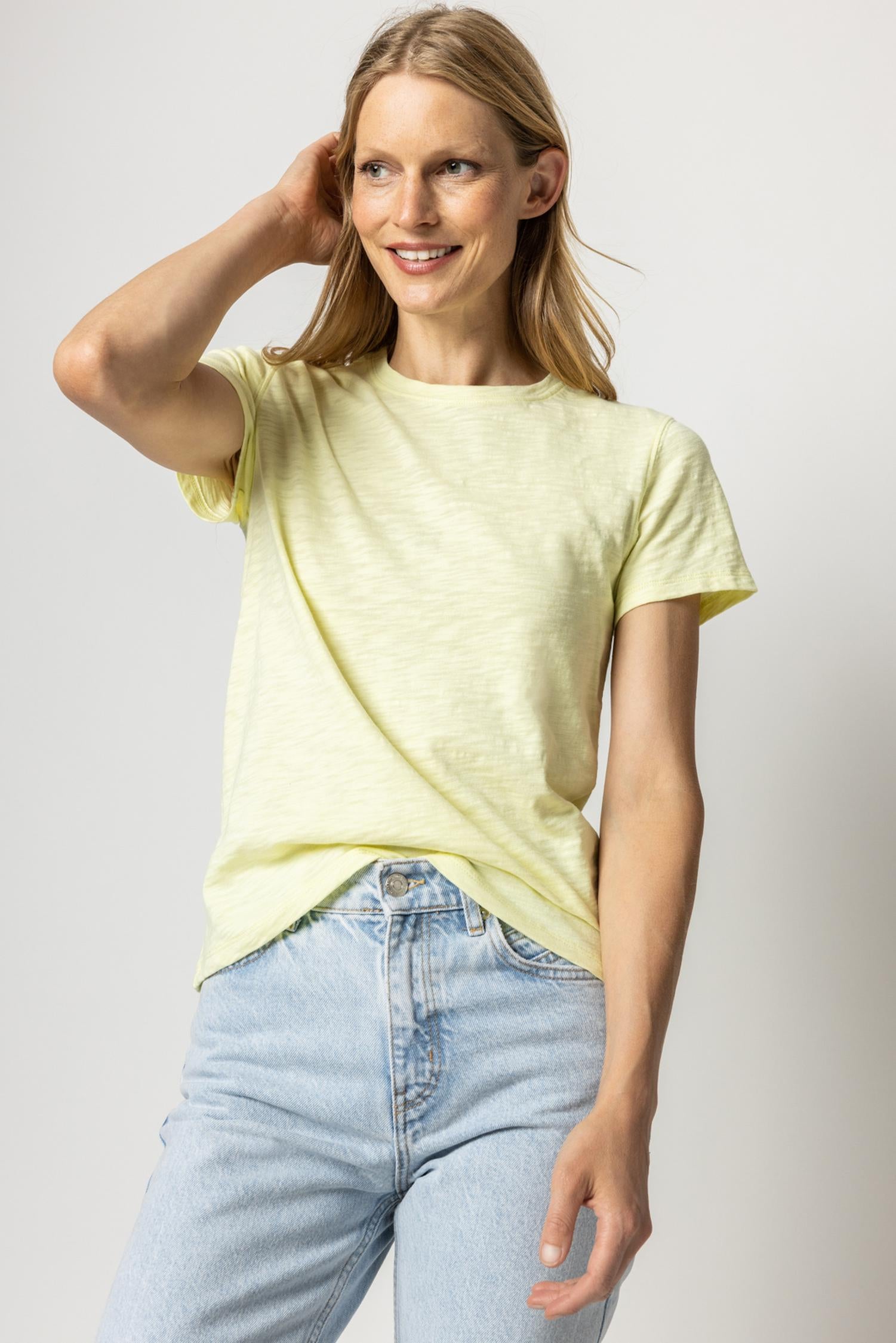 Short Sleeve Back Seam Crewneck in color Pear Image A2