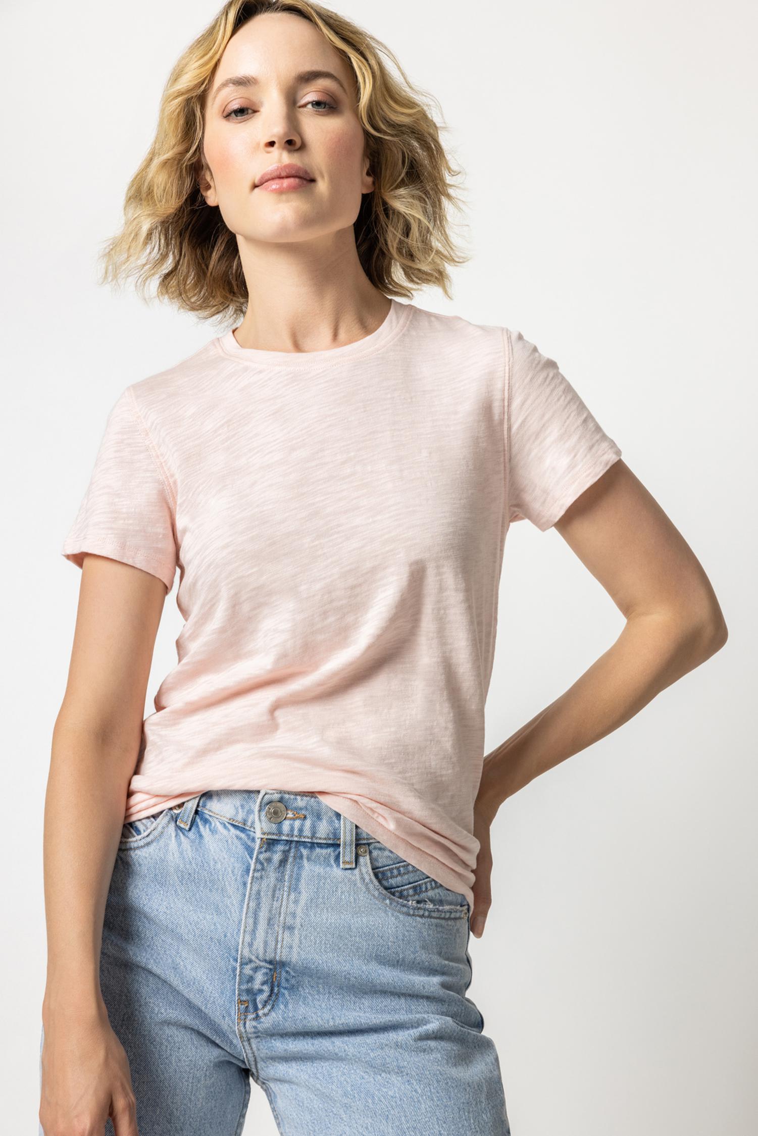 Short Sleeve Back Seam Crewneck in color Pink Blossom Image A1