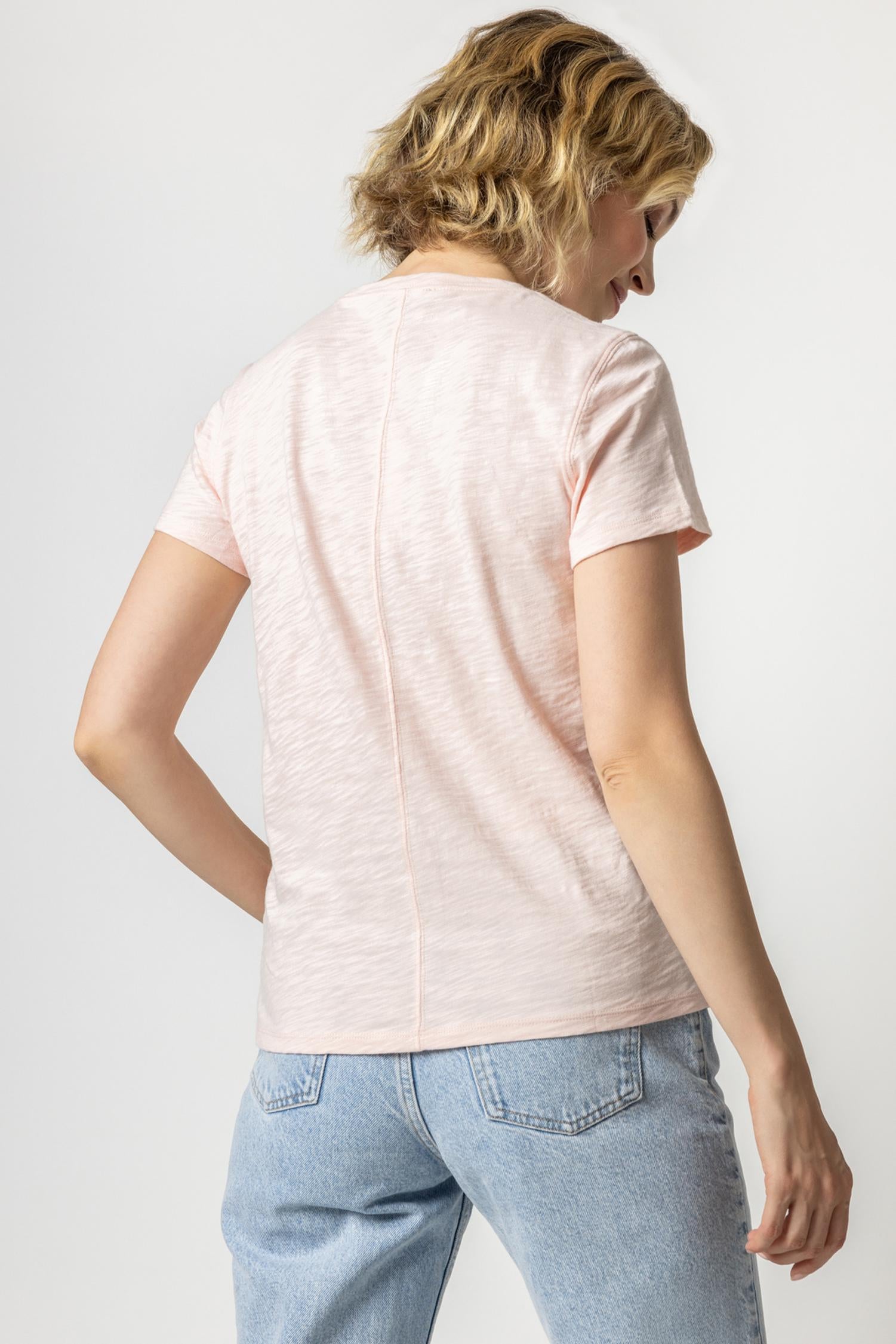 Short Sleeve Back Seam Crewneck in color Pink Blossom Image A2