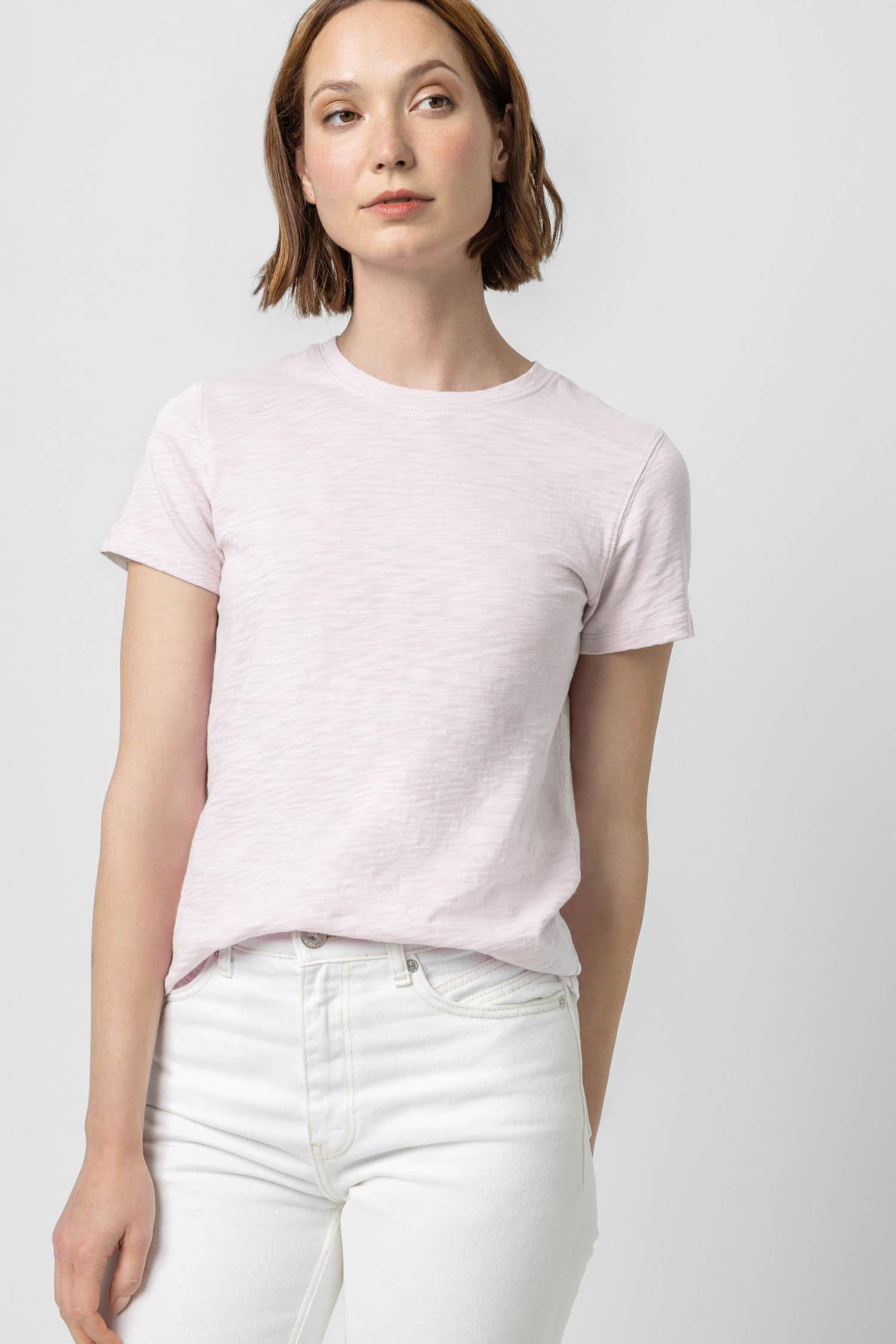 Short Sleeve Back Seam Crewneck in color Soft Orchid Image A1