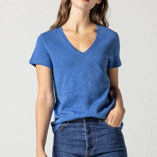 V-Neck Short Sleeve Back Seam Tee in color Admiral Image A1