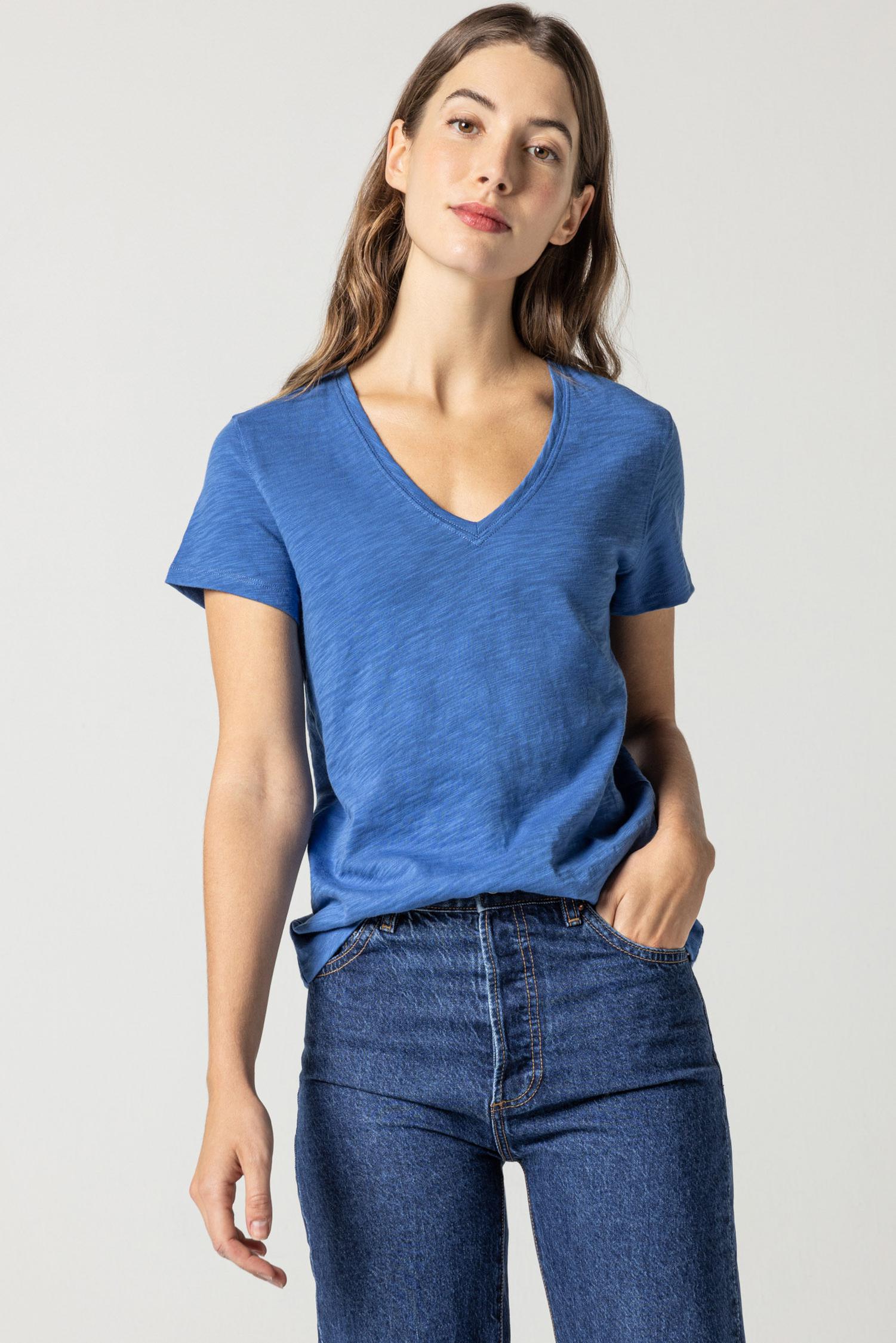 V-Neck Short Sleeve Back Seam Tee in color Admiral Image A1