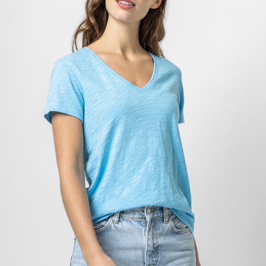 V-Neck Short Sleeve Back Seam Tee in color Aruba Image A1
