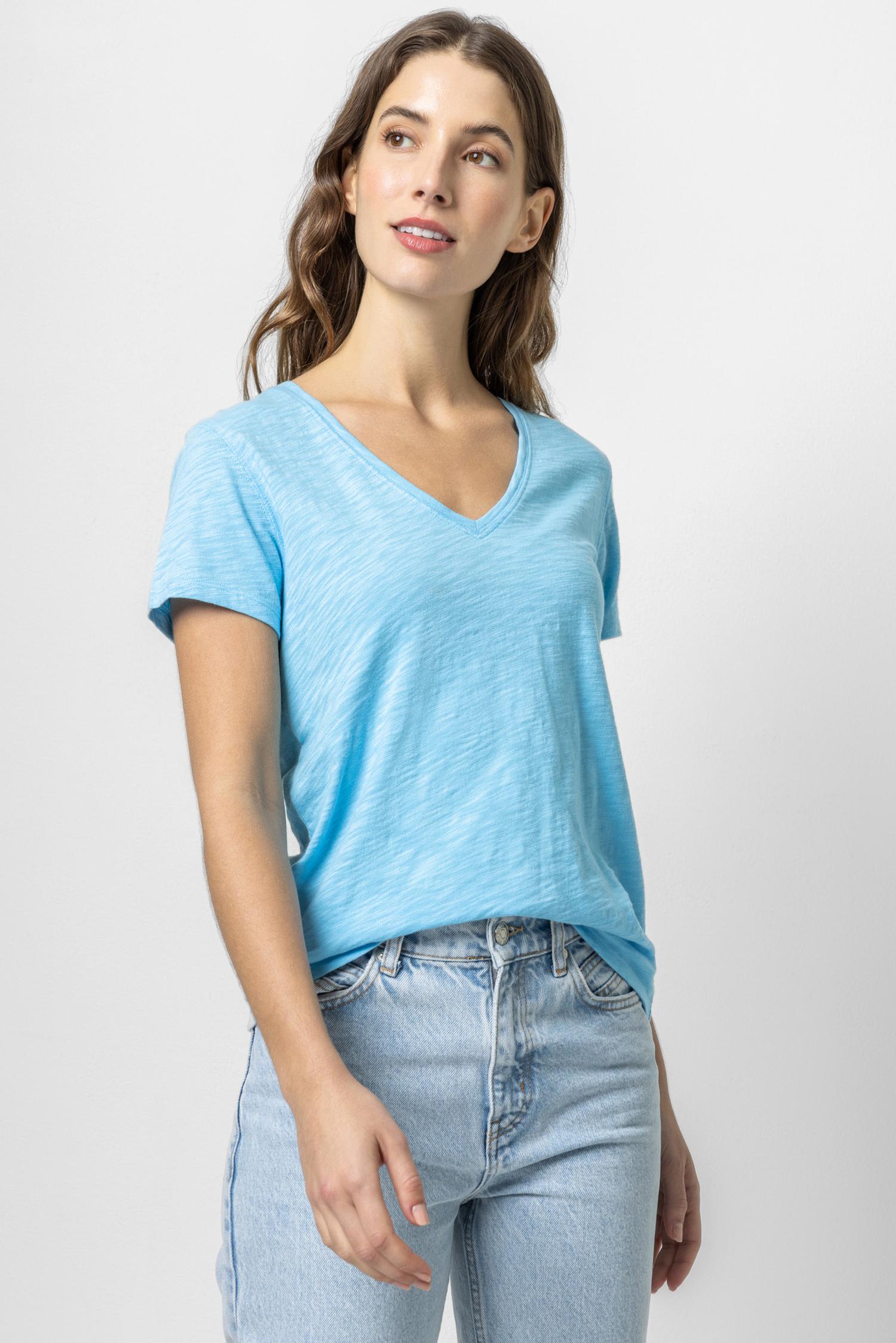 V-Neck Short Sleeve Back Seam Tee in color Aruba Image A1