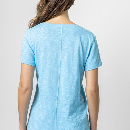 V-Neck Short Sleeve Back Seam Tee in color Aruba Image A2