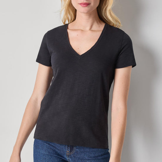 V-Neck Short Sleeve Back Seam Tee in color Black Image A1