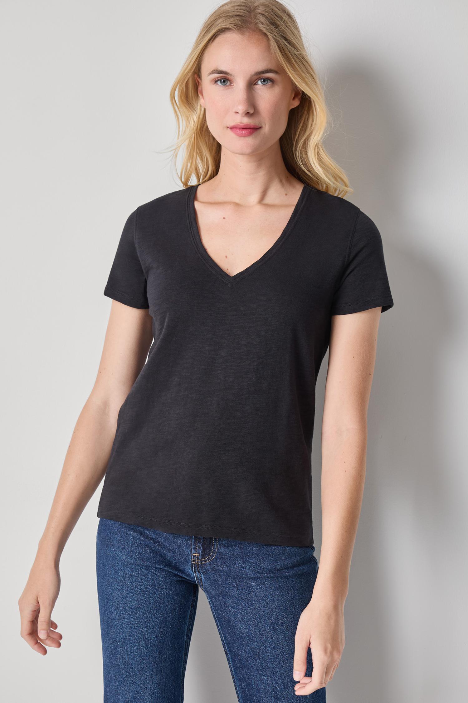 V-Neck Short Sleeve Back Seam Tee in color Black Image A1