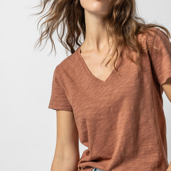 V-Neck Short Sleeve Back Seam Tee in color Burnt Sienna Image A1