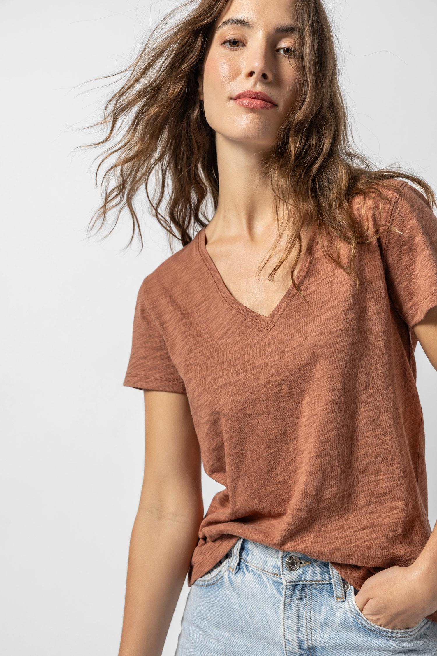 V-Neck Short Sleeve Back Seam Tee in color Burnt Sienna Image A1