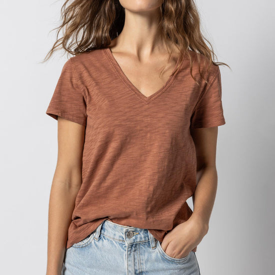 V-Neck Short Sleeve Back Seam Tee in color Burnt Sienna Image A2