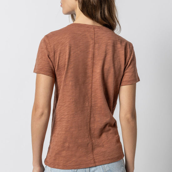 V-Neck Short Sleeve Back Seam Tee in color Burnt Sienna Image A3