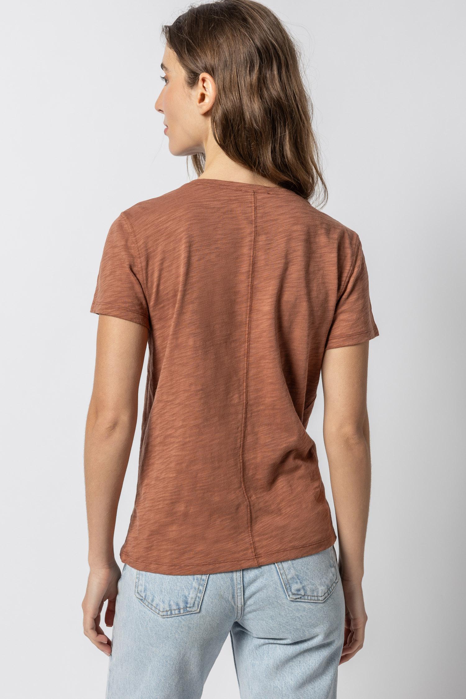 V-Neck Short Sleeve Back Seam Tee in color Burnt Sienna Image A3
