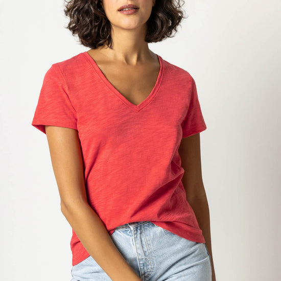 V-Neck Short Sleeve Back Seam Tee in color Cinnabar Image A1