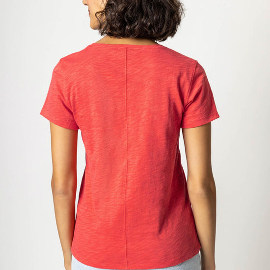 V-Neck Short Sleeve Back Seam Tee in color Cinnabar Image A2