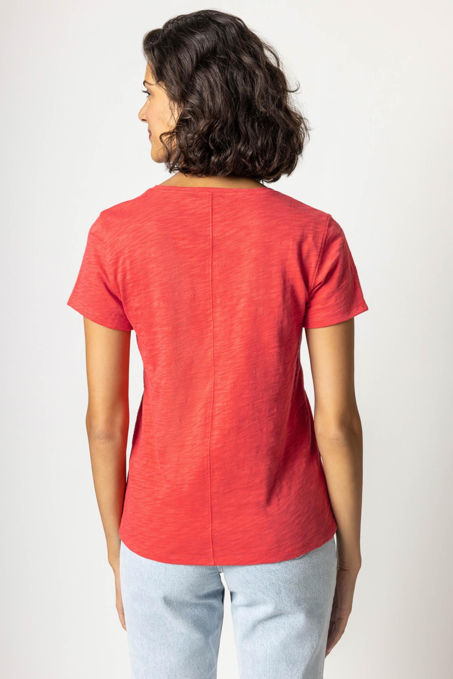 V-Neck Short Sleeve Back Seam Tee in color Cinnabar Image A2