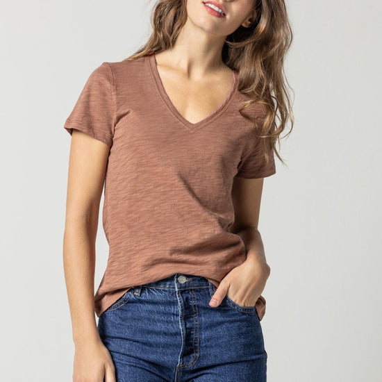 V-Neck Short Sleeve Back Seam Tee in color Clove Image A1