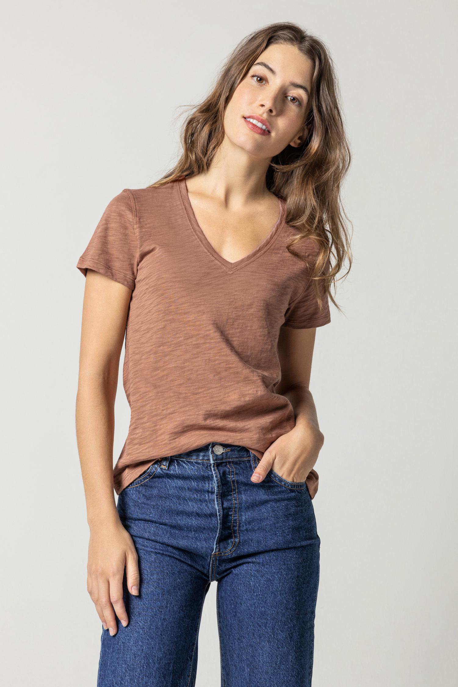 V-Neck Short Sleeve Back Seam Tee in color Clove Image A1