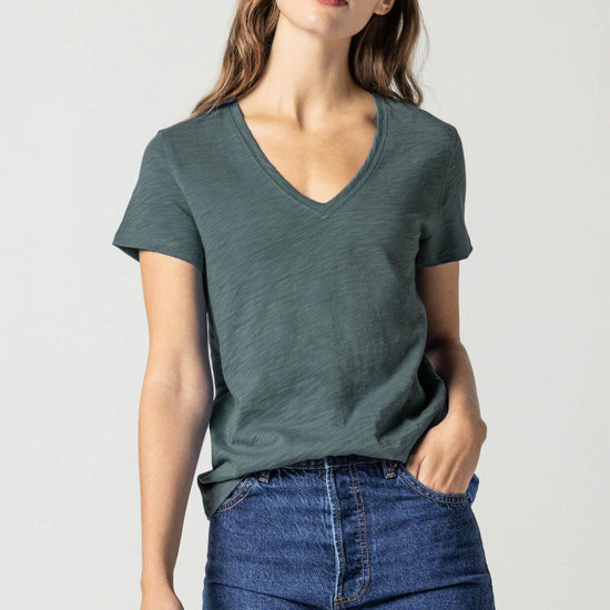 V-Neck Short Sleeve Back Seam Tee in color Evergreen Image A1