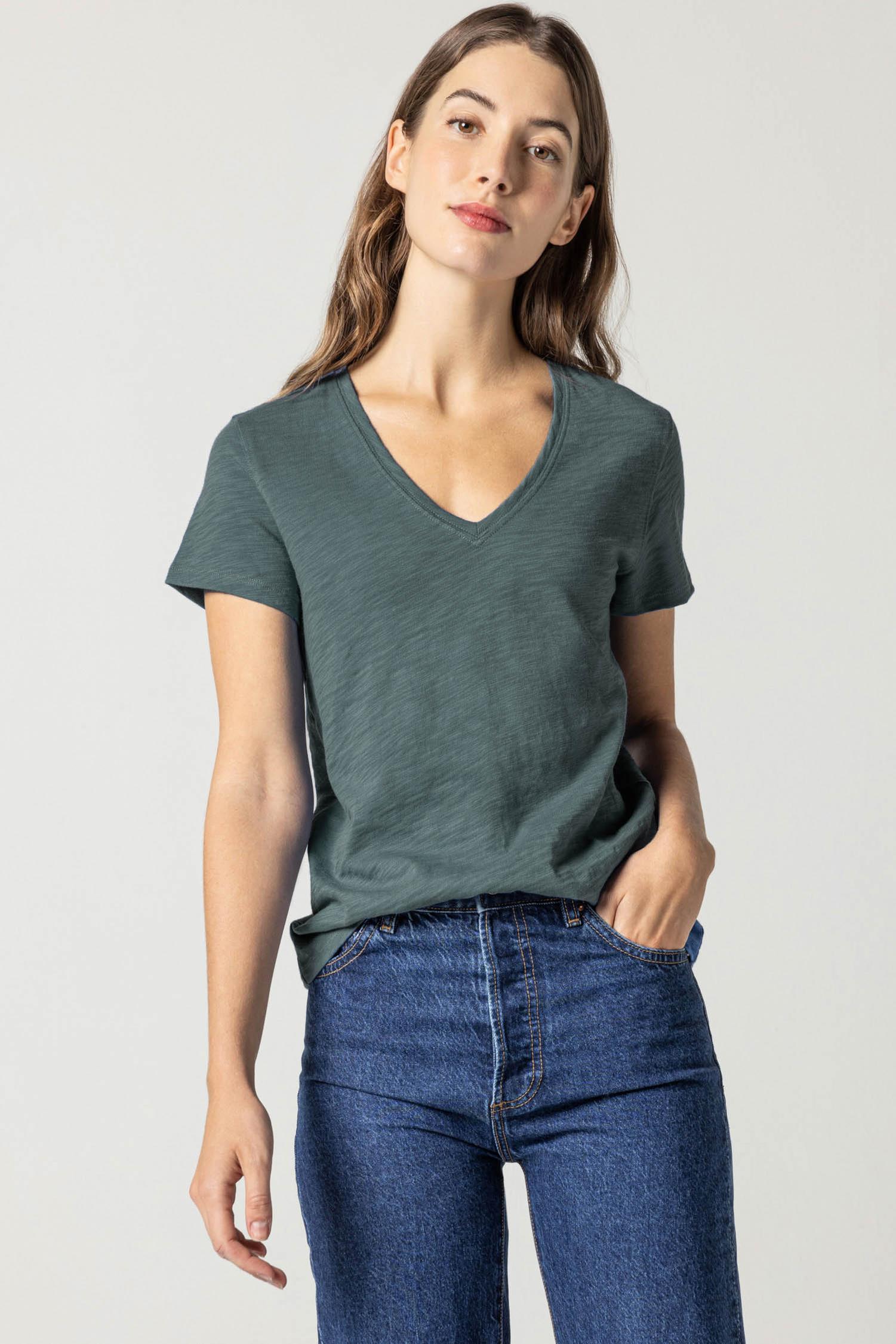 V-Neck Short Sleeve Back Seam Tee in color Evergreen Image A1