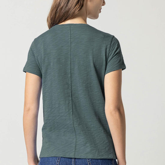 V-Neck Short Sleeve Back Seam Tee in color Evergreen Image A2