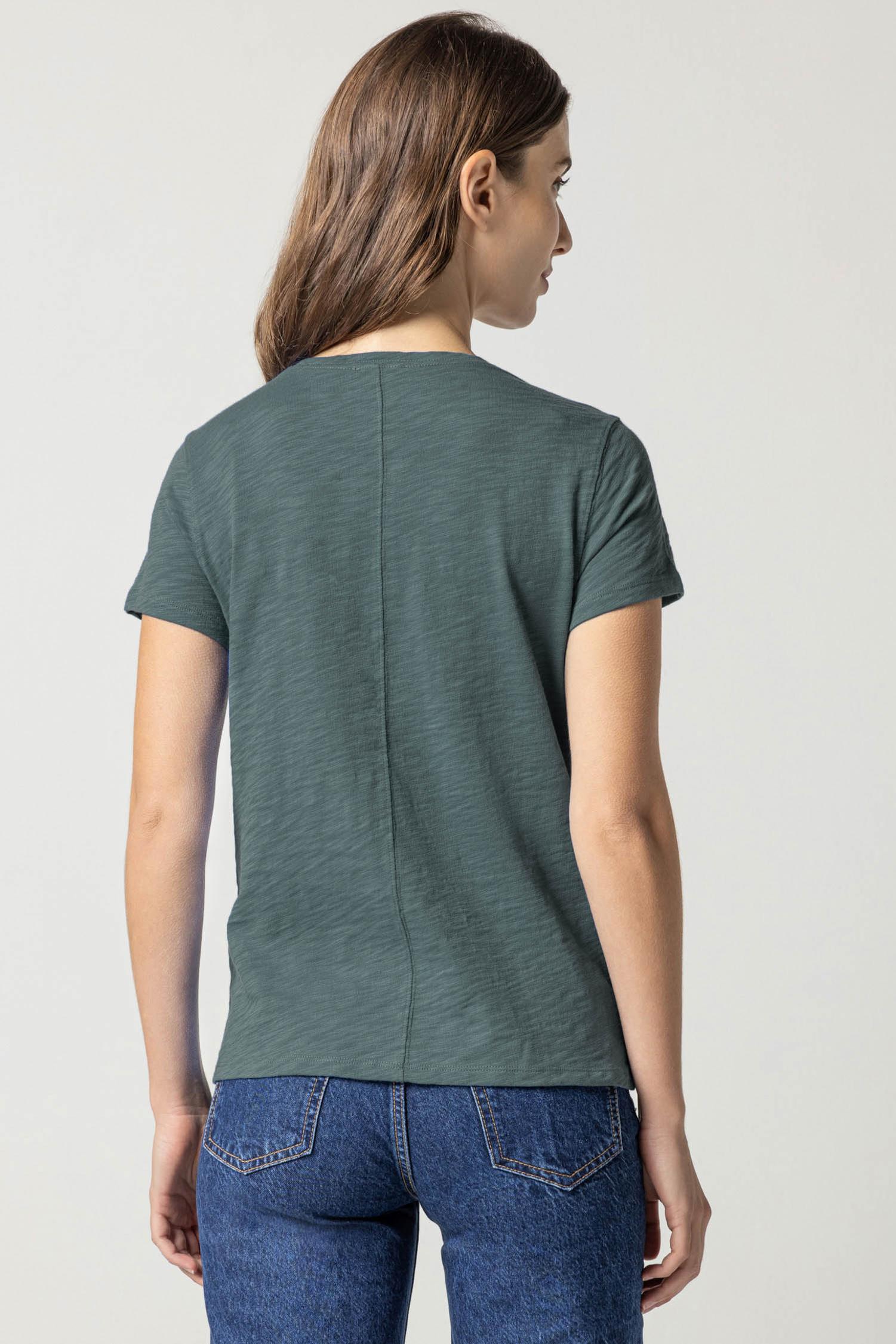 V-Neck Short Sleeve Back Seam Tee in color Evergreen Image A2