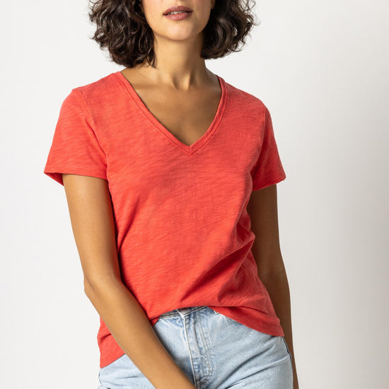 V-Neck Short Sleeve Back Seam Tee in color Fiesta Image A1