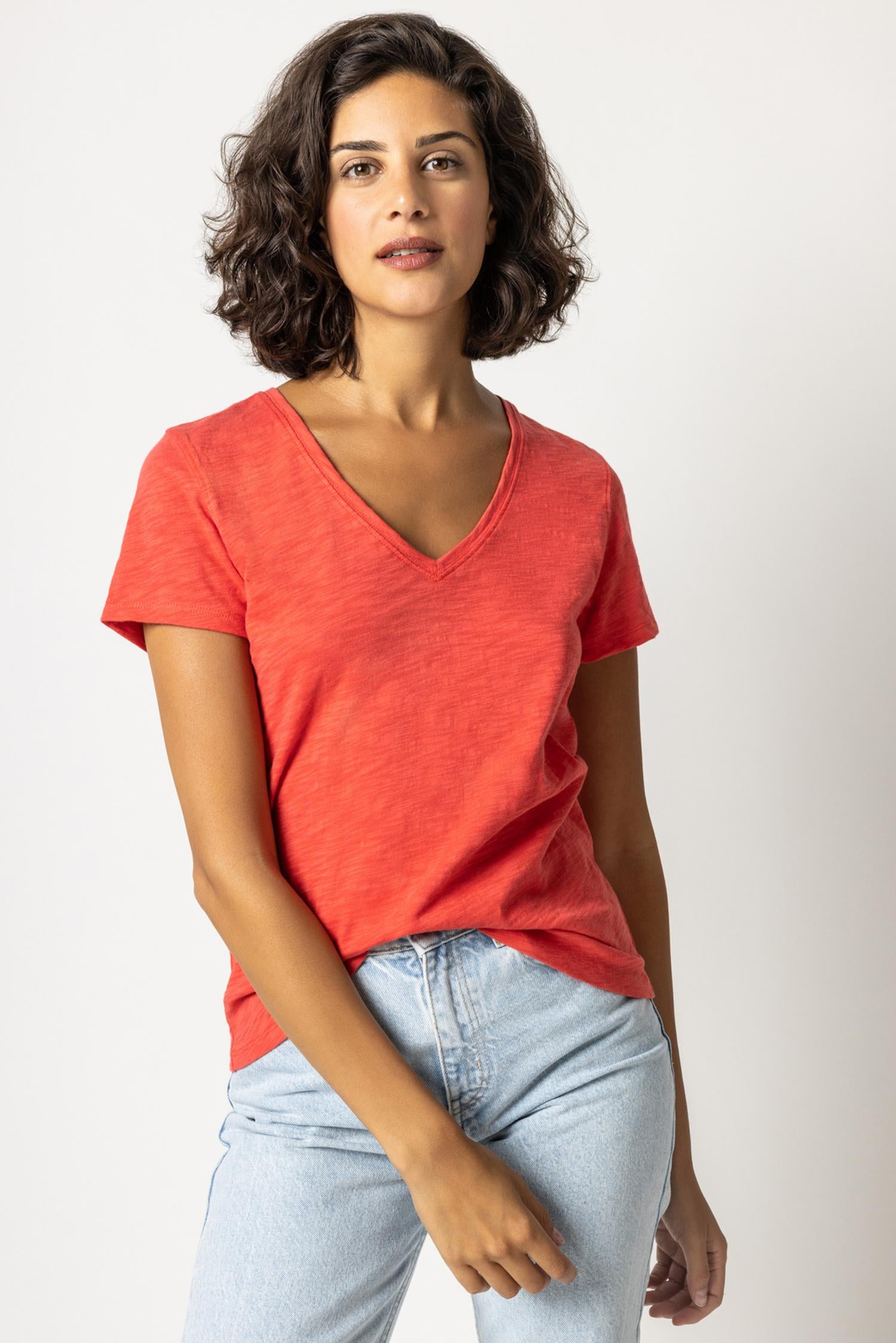V-Neck Short Sleeve Back Seam Tee in color Fiesta Image A1