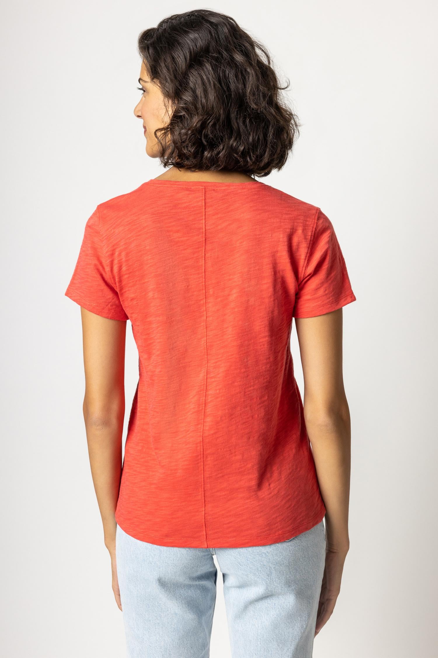 V-Neck Short Sleeve Back Seam Tee in color Fiesta Image A2