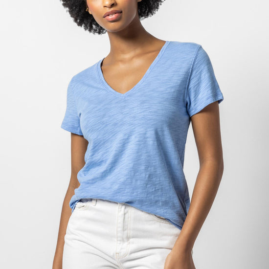 V-Neck Short Sleeve Back Seam Tee in color Harbor Image A1