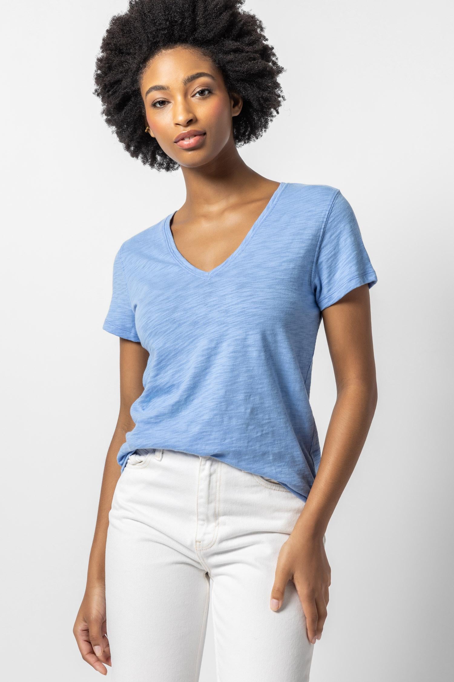 V-Neck Short Sleeve Back Seam Tee in color Harbor Image A1