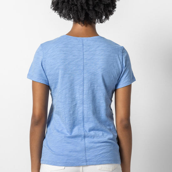 V-Neck Short Sleeve Back Seam Tee in color Harbor Image A2